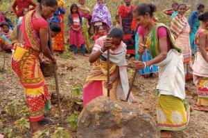 Shramdaan (Voluntary Work): villagers from several hamlets of Rajmahal area come together to build a water as well as soil conservation structure (Photo: Somnath)