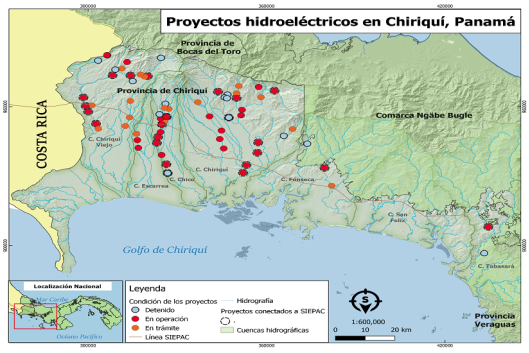 Mapa dos projetos hidrelétricos nos rios de Chiriquí. Fonte: Gutiérrez, A., González, J. (2023)
